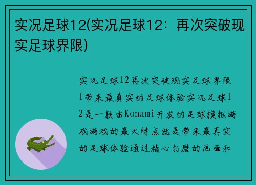 实况足球12(实况足球12：再次突破现实足球界限)